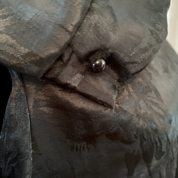 Vintage 80s Black Satin Floral Brocade Blouse Lace Neckline Puff Long Sleeve XL - Picture 8 of 11